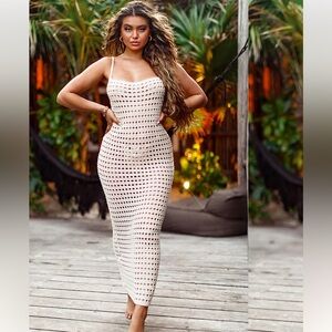 Pretty Little Thing STONE STRAPPY CROCHET MAXI DRESS M